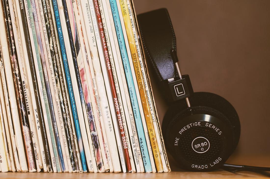LP spines on a shelf